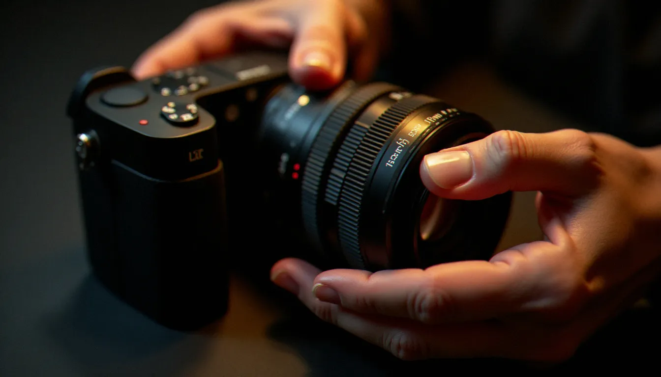 Mains d'un photographe réglant le diaphragme d'un objectif 50mm, illustrant les termes techniques d'exposition en photographie