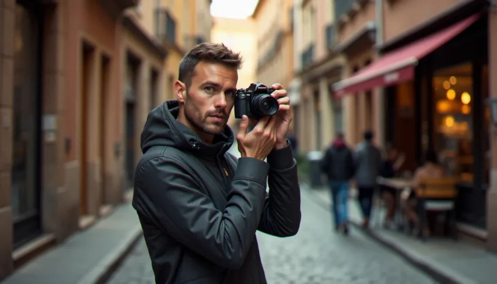 terme photographie featured Jonathan Arnaud photographe portant un appareil photo argentique dans une rue pavée de Toulouse, illustrant le terme photographie dans sa pratique documentaire