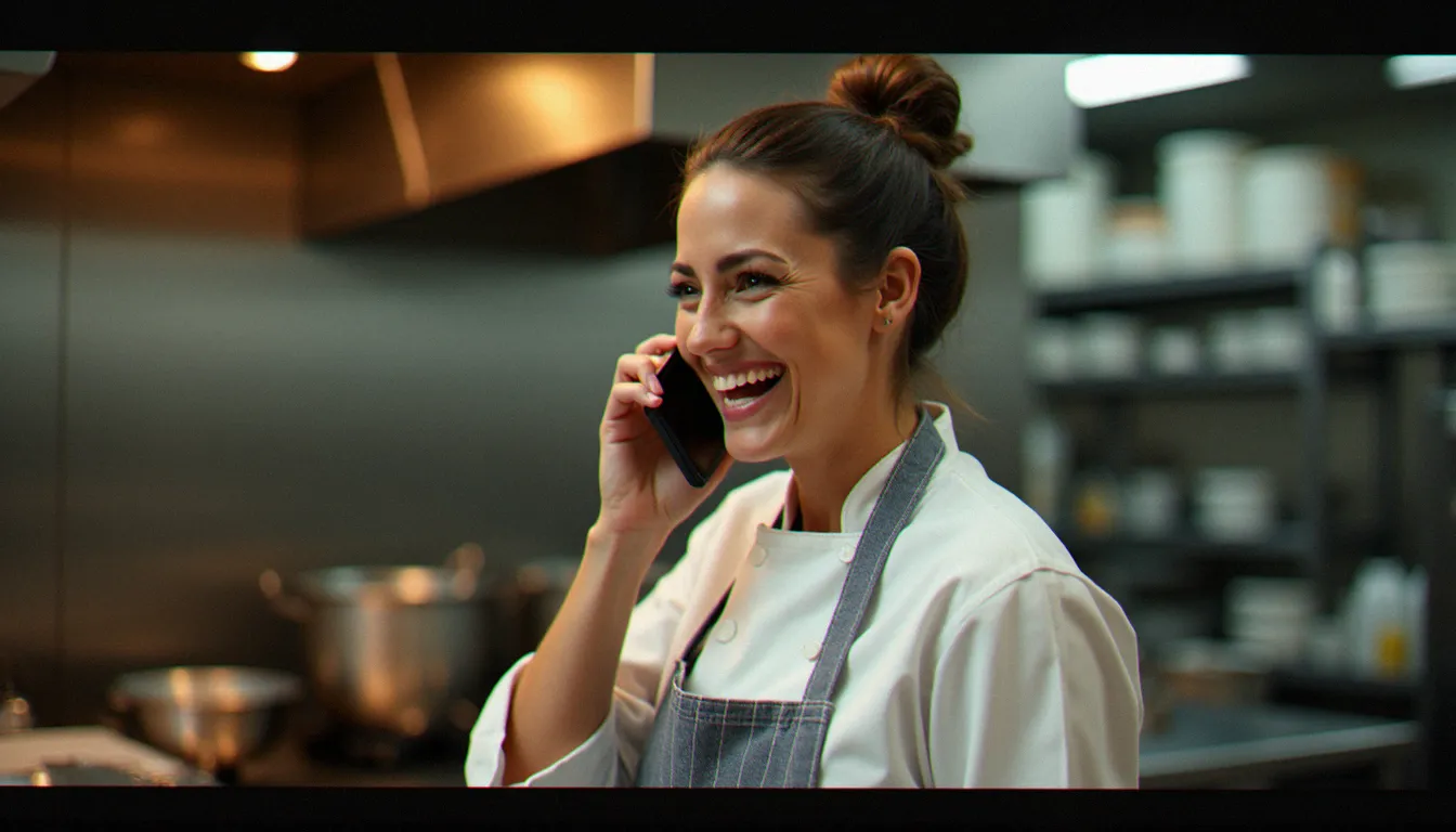 Portrait candide d'une cheffe cuisinière riant au téléphone dans sa cuisine professionnelle, lumière naturelle révélant une expression authentique