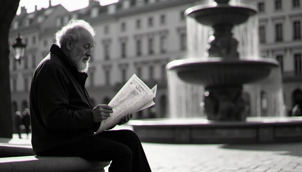 Une photographie en noir et blanc d'un homme lisant son journal sur le bord d'une fontaine, éclairé par la lumière rasante d'un matin de novembre