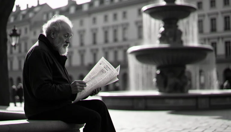 Une photographie en noir et blanc d'un homme lisant son journal sur le bord d'une fontaine, éclairé par la lumière rasante d'un matin de novembre