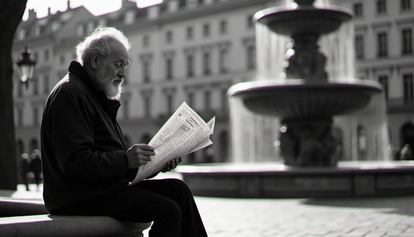 Une photographie en noir et blanc d'un homme lisant son journal sur le bord d'une fontaine, éclairé par la lumière rasante d'un matin de novembre