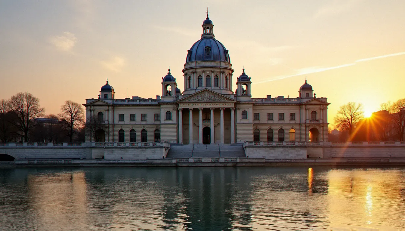 Façade de l'Institut de France à Paris, siège de l'Académie des sciences, au coucher du soleil