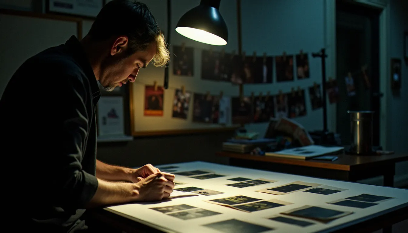 Photographe documentaire examinant des planches-contact sur une table lumineuse, illustrant la traçabilité et la chaîne de custody du document visuel photographique