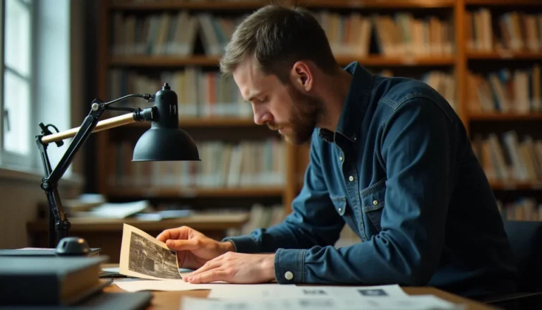 Archiviste examinant une photographie ancienne à la loupe dans une bibliothèque de référence, illustrant le concept d'autorité en sciences de l'information