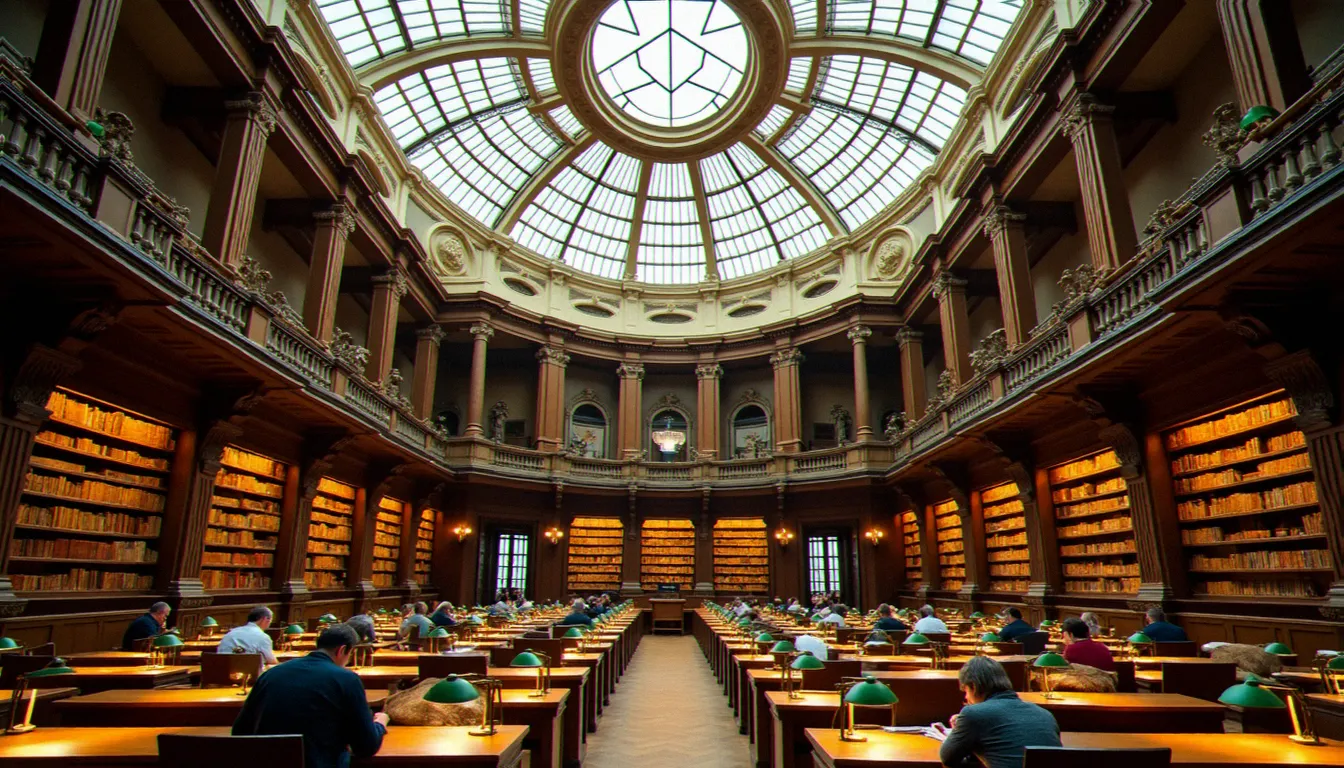 Salle ovale rénovée du site Richelieu de la bibliothèque nationale de France, lumière zénithale naturelle, lecteurs silencieux aux pupitres en bois