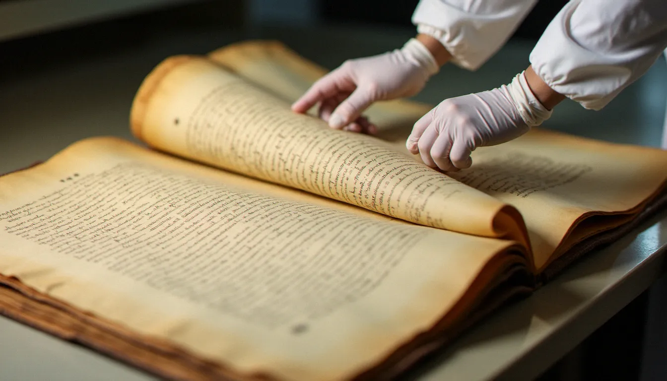 Mains gantées de blanc manipulant un manuscrit ancien sur une table de conservation dans les ateliers de la bibliothèque nationale de France