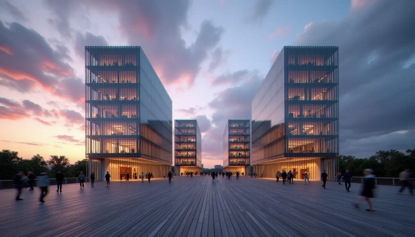 Vue extérieure des quatre tours de la bibliothèque nationale de France site François-Mitterrand au crépuscule, reflets dorés sur le verre