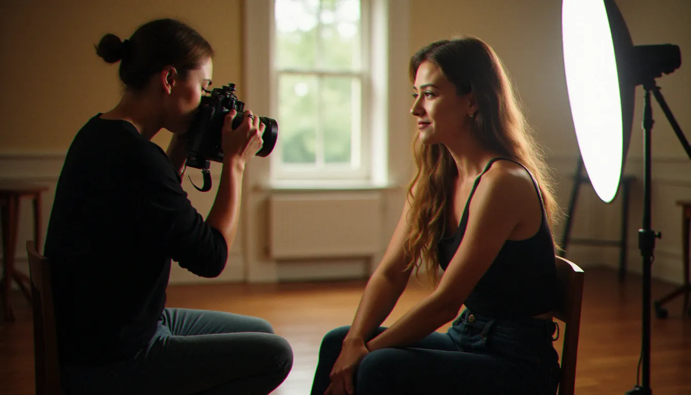 Séance portrait en intérieur avec lumière naturelle diffusée par une fenêtre latérale, photographe en action illustrant comment photographier un portrait professionnel