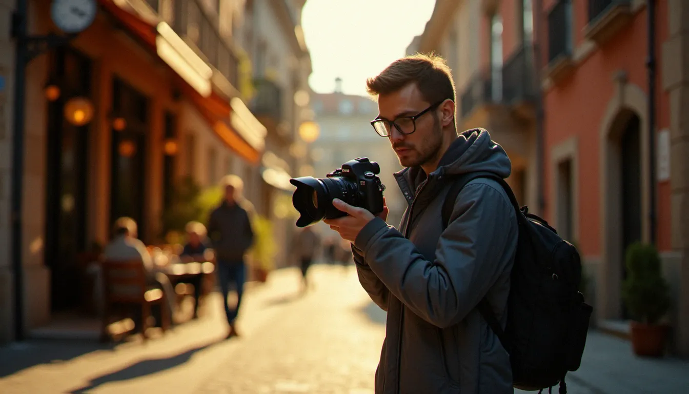 Photographe tenant un appareil photo hybride en lumière dorée dans une rue pavée, illustrant comment photographier en conditions naturelles
