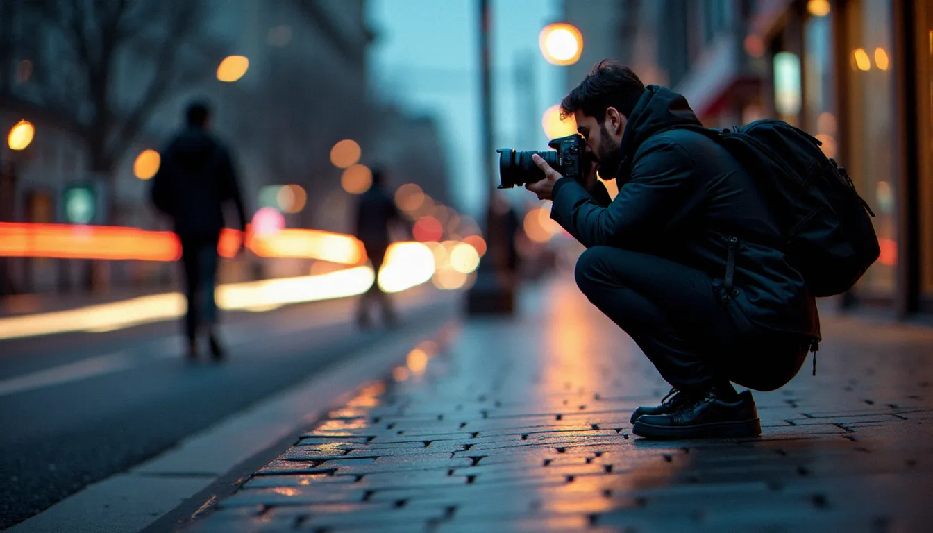 Photographe de rue capturant un effet de flou de mouvement sur des passants en ville la nuit, illustrant les effets photographiques de longue pose