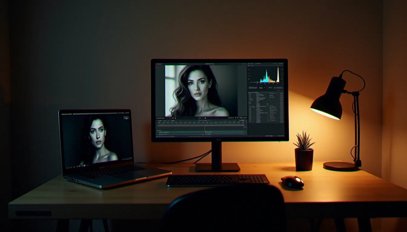 Poste de travail de retouche photographique montrant un écran Lightroom avec courbes et grain argentique appliqués à un portrait, illustrant le post-traitement d'effets photographie