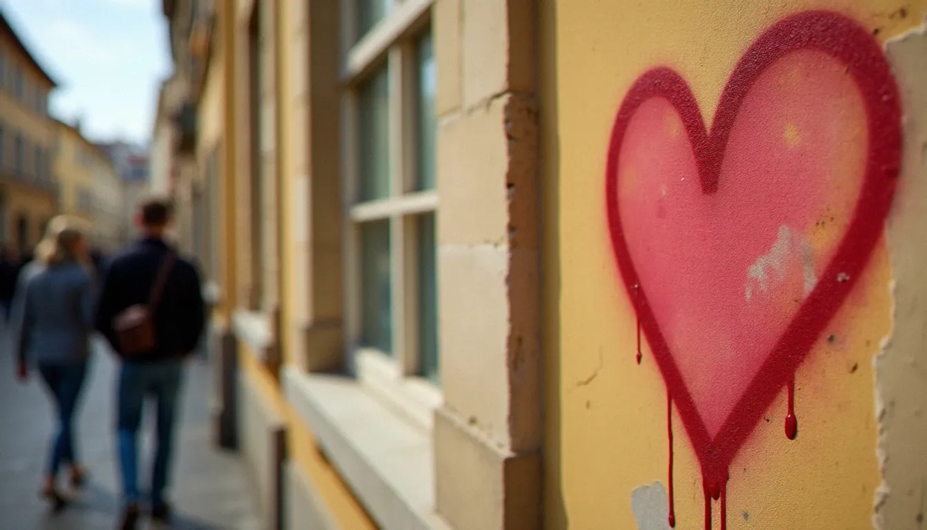 Graffiti en forme de cœur rouge sur un mur en pierre ocre dans le centre de Toulouse, avec un couple en arrière-plan flou