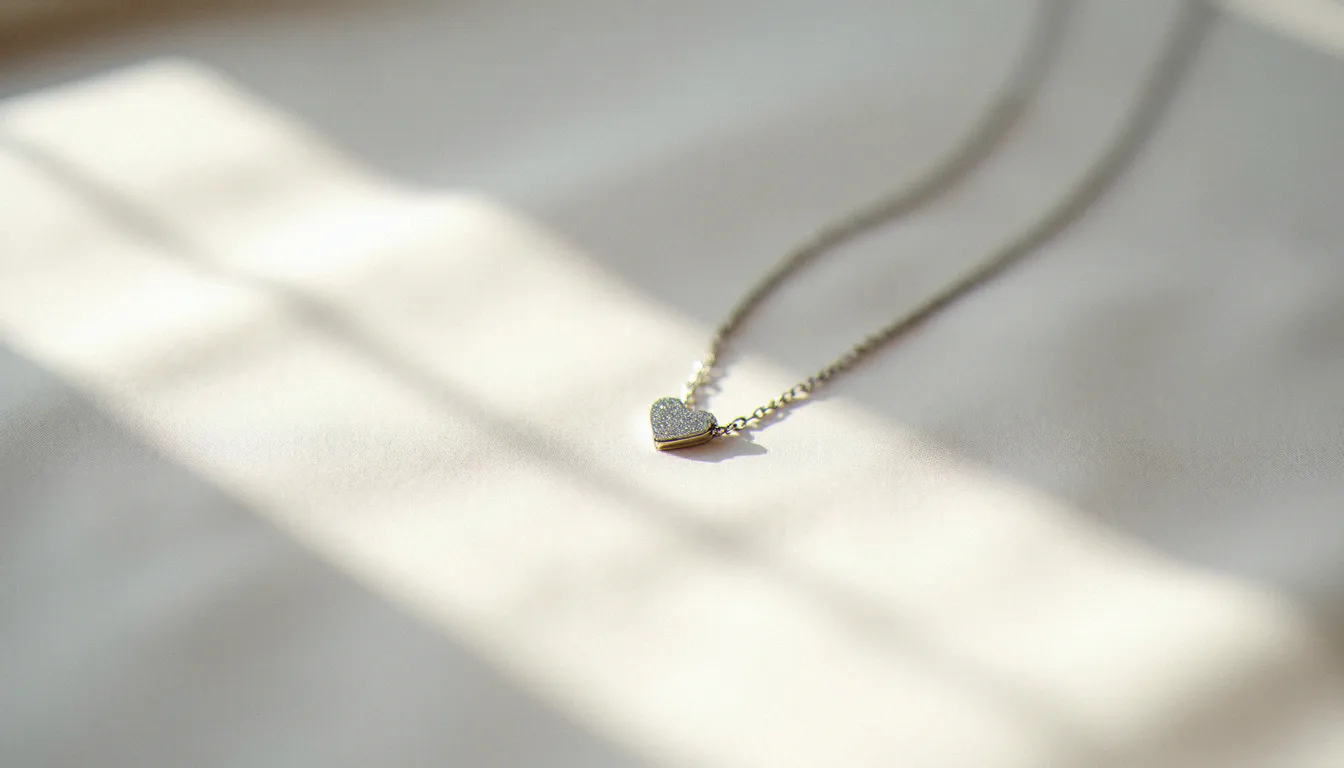 Pendentif cœur en argent posé sur du lin blanc, éclairé par une lumière naturelle de fenêtre dans un cadre minimaliste et élégant