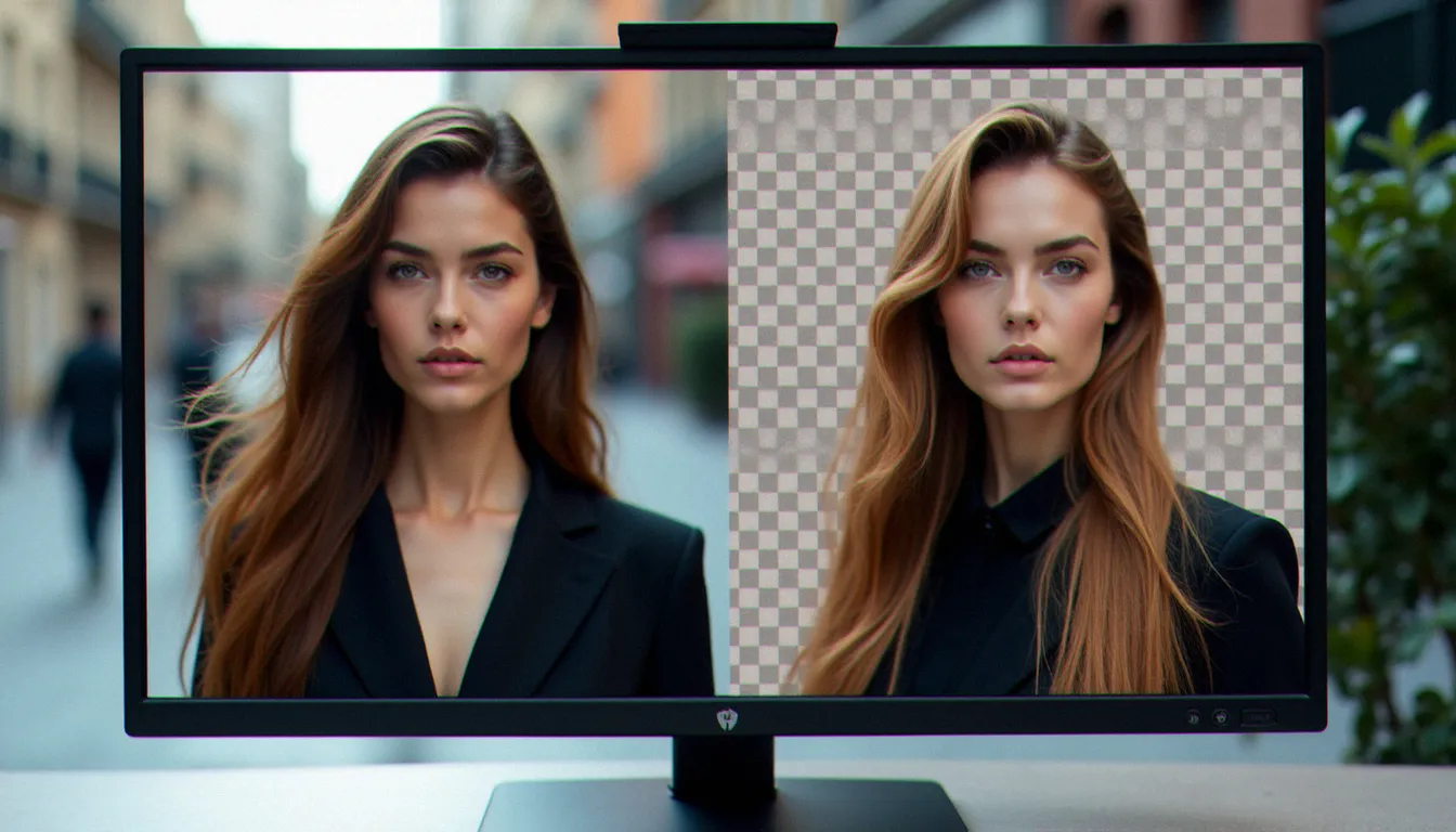 Comparaison avant-après d'un portrait féminin avec et sans fond transparent, montrant le détourage des cheveux fins sur canal alpha