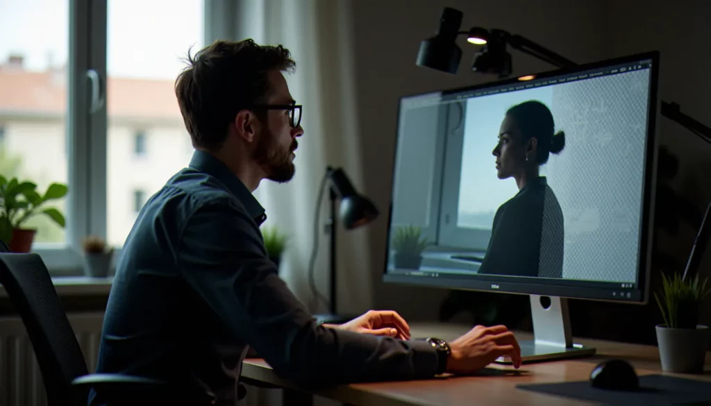 Photographe travaillant sur un portrait en image avec fond transparent sur un écran de retouche affichant le damier de transparence PNG