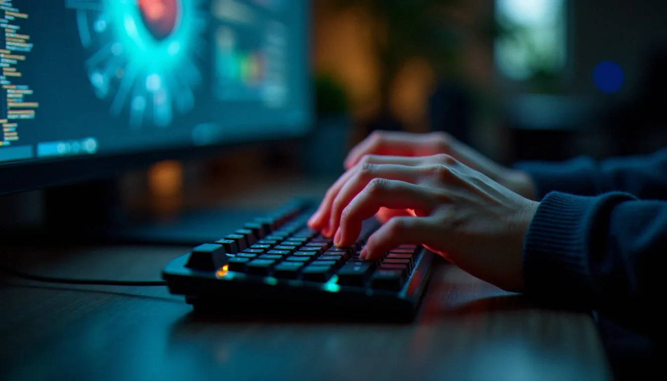 Mains tapant un prompt sur un clavier pour générer une image avec IA, interface de génération floue en arrière-plan