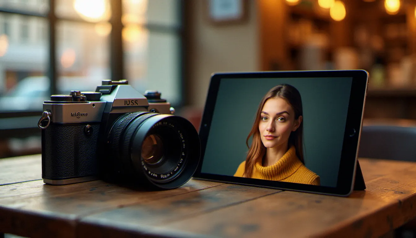Comparaison entre appareil photo argentique et image générée par IA gratuit sur tablette posés sur une table de café toulousain