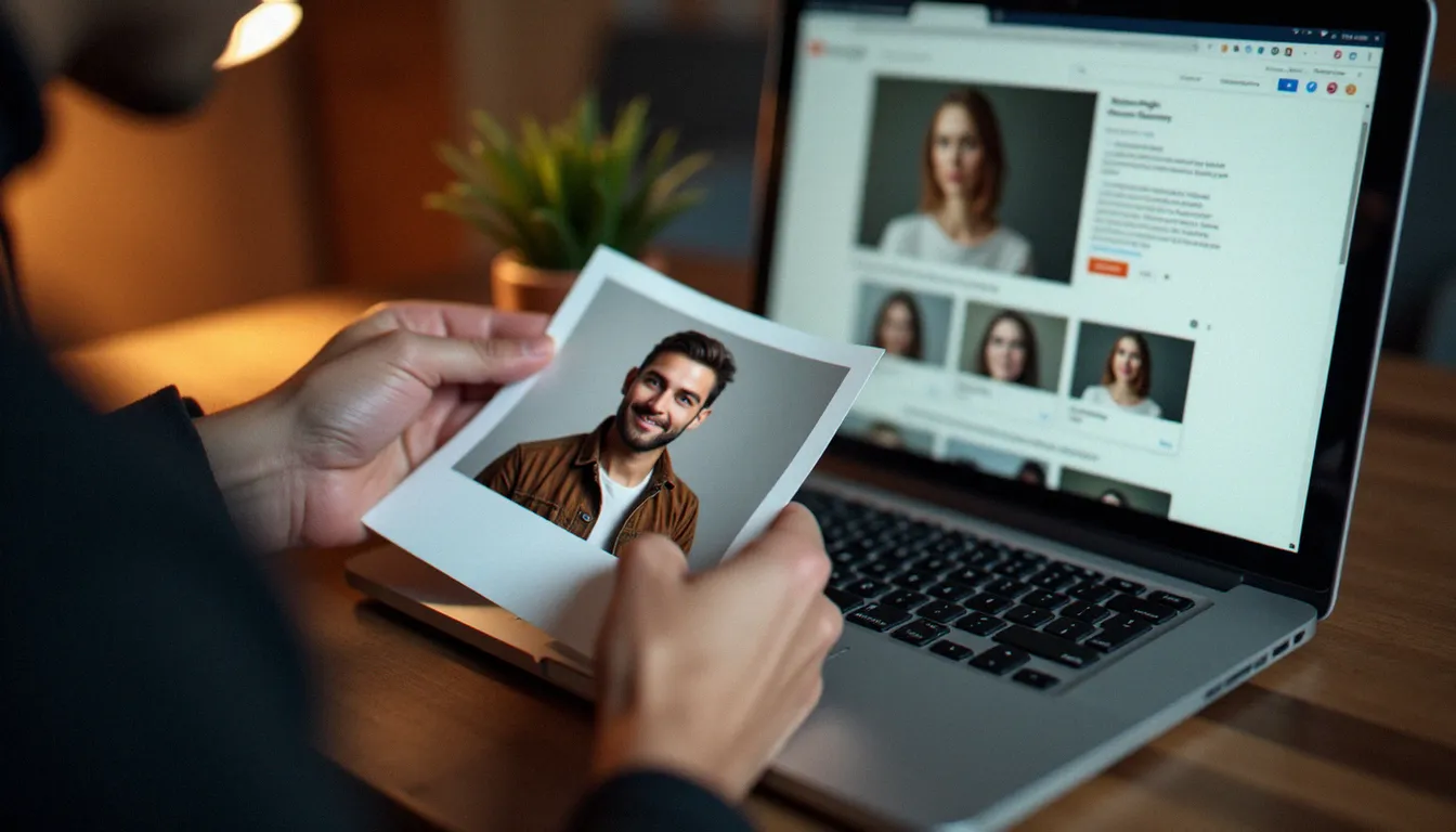 Photographe comparant un tirage portrait avec les images d'avis Google affichées sur son écran d'ordinateur