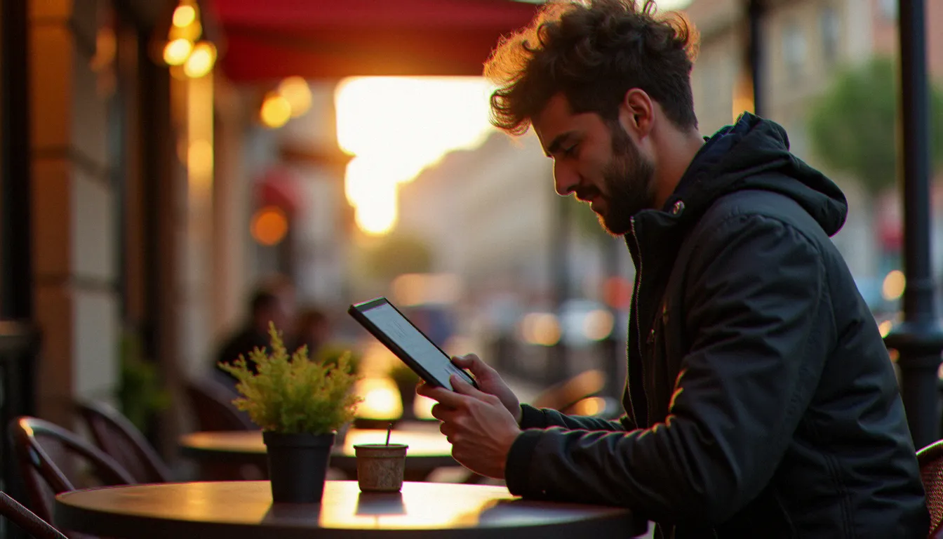 Photographe toulousain consultant sa fiche Google Business et les images d'avis clients depuis une terrasse ensoleillée