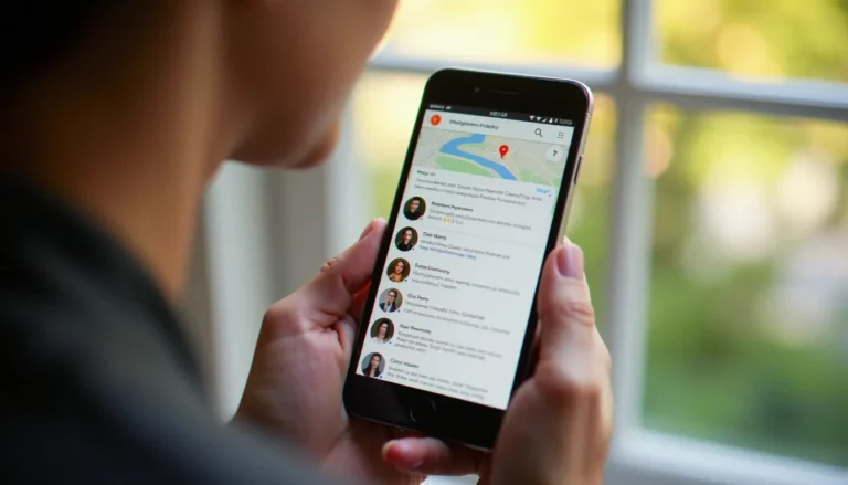 Personne consultant des images d'avis Google sur smartphone, avec des aperçus de portraits photographiques visibles dans les commentaires
