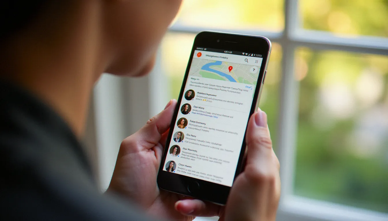 Personne consultant des images d'avis Google sur smartphone, avec des aperçus de portraits photographiques visibles dans les commentaires