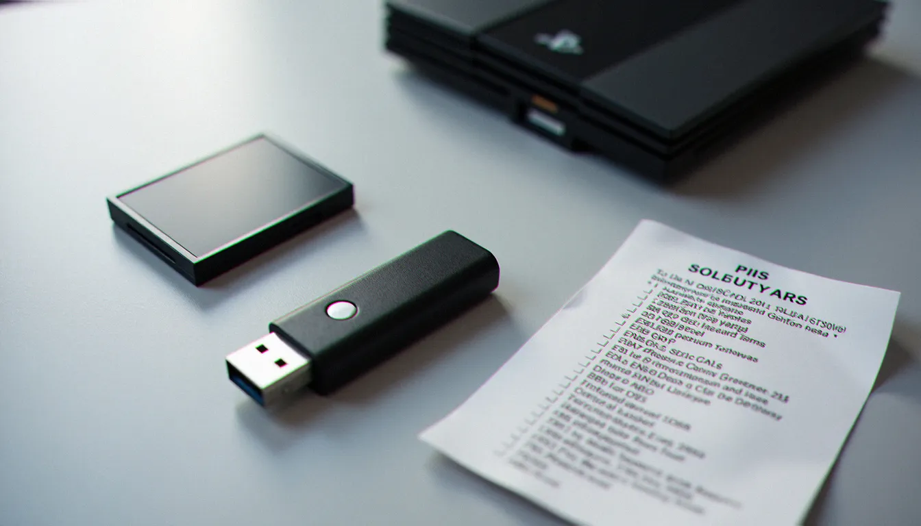 Carte mémoire PS2, clé USB FAT32 et liste de fichiers BIOS compatibles AetherSX2 posés sur une surface grise