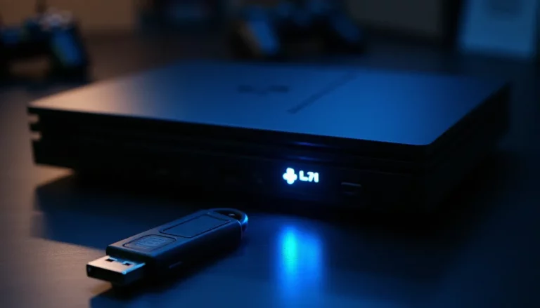 Console PlayStation 2 Slim avec clé USB contenant une image BIOS PS2 pour AetherSX2, sur un bureau en bois sombre