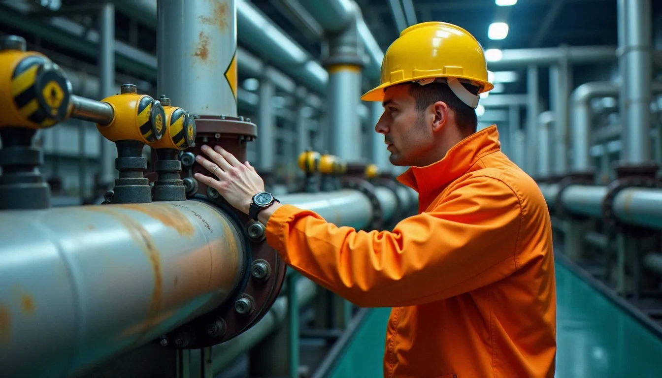 Ouvrier en combinaison de protection orange inspectant des canalisations industrielles couvertes de panneaux de danger, lumière d'usine tamisée
