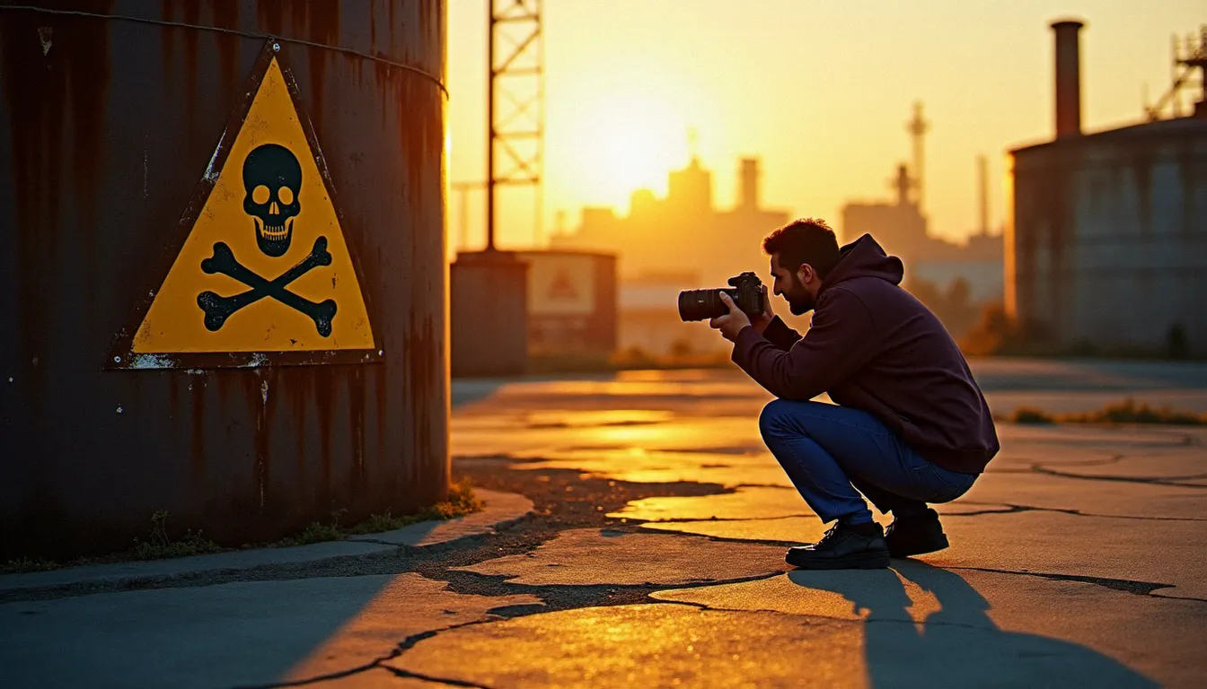 Photographe en contre-plongée capturant un pictogramme crâne et tibias sur un réservoir industriel rouillé à la lumière dorée du crépuscule, ombres allongées sur béton fissuré