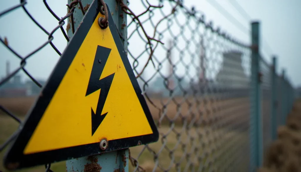 Panneau image danger de mort représentant un éclair noir sur fond jaune triangulaire, fixé sur une clôture métallique rouillée avec une centrale industrielle en arrière-plan flou