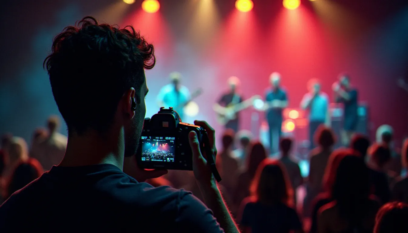 Photographe portant des bouchons auditifs filtrés lors d'un concert, illustrant les bonnes pratiques de protection contre le danger du son