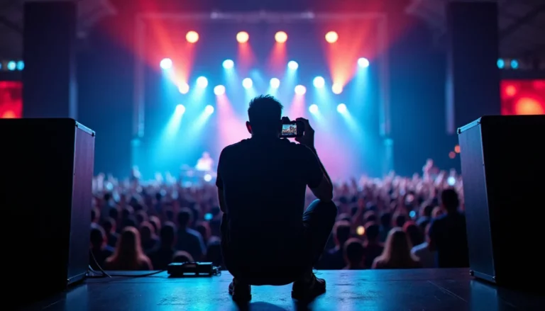 Photographe en fosse de concert face aux enceintes, illustrant l'image danger du son en milieu professionnel amplifié
