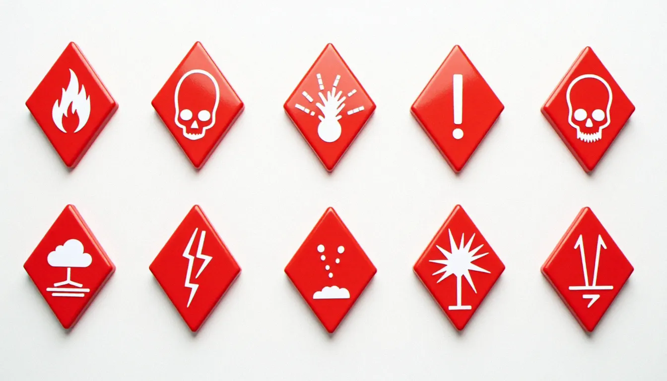 Les neuf pictogrammes SGH officiels du système de classification des produits chimiques dangereux, présentés en losanges rouges sur fond blanc