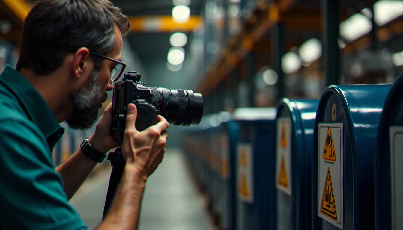 Photographe documentant des étiquettes de pictogrammes chimiques sur des fûts industriels avec un objectif macro en lumière naturelle d'entrepôt