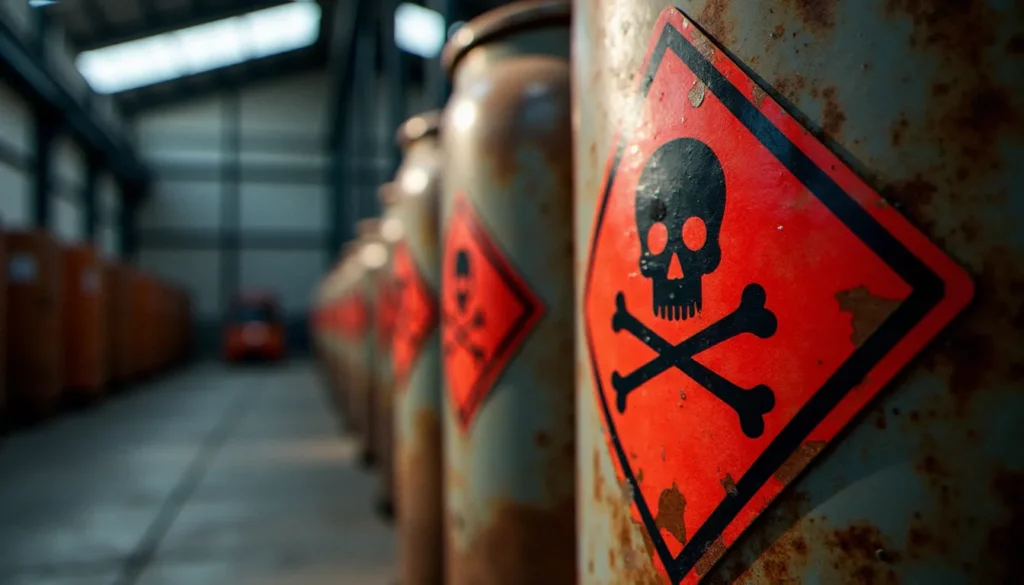 Pictogramme losange rouge d'image danger produit chimique sur un bidon industriel usé, éclairage latéral révélant la texture de l'étiquette