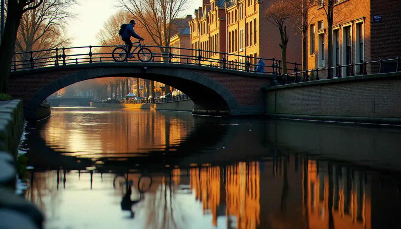 Reflet parfait d'une ville sur un canal calme au coucher du soleil, créant une image effet d'optique où le réel et son reflet deviennent indiscernables