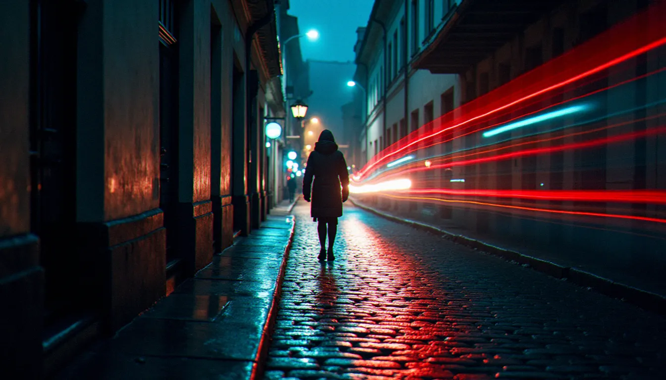 Double exposition nocturne dans une ruelle pavée, silhouette fantomatique d'un passant fusionnant avec les reflets de néons sur les pavés mouillés, créant une image effet d'optique atmosphérique