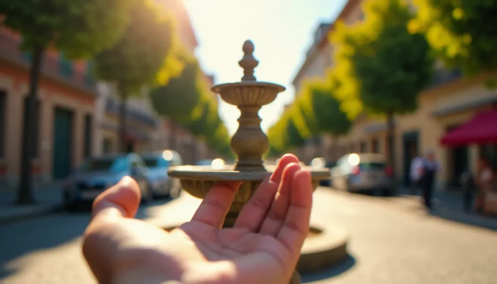 Image effet d'optique de perspective forcée où une main semble tenir une fontaine en pierre en miniature sur une place toulousaine ensoleillée