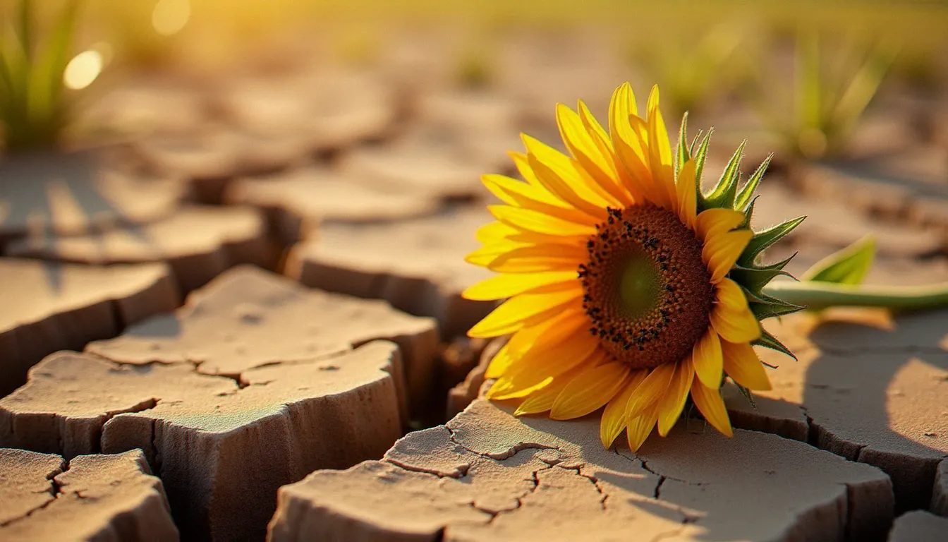 Sol craquelé par la sécheresse dans un champ du sud de la France avec un tournesol fané, illustration des effets visuels de l'effet de serre sur la végétation