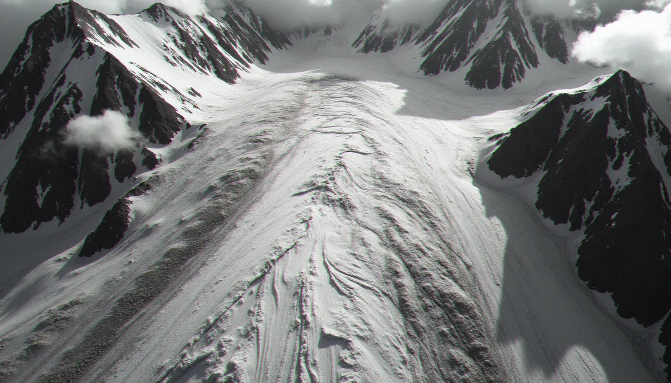 Photographie en noir et blanc d'un glacier pyrénéen en fort recul, roches nues révélées par la fonte des glaces, conséquence documentée de l'effet de serre en montagne
