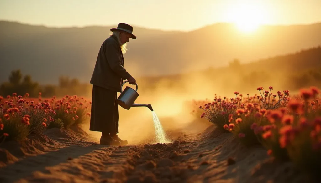 Femme âgée arrosant des fleurs desséchées à l'aube dans un champ craquelé par la sécheresse, image effet de serre documentée en milieu rural pyrénéen