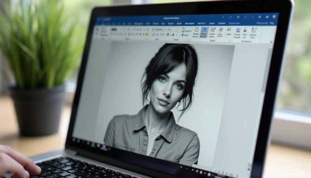 Écran d'ordinateur affichant Microsoft Word avec une image en cours de retournement effet miroir via le menu Format de l'image