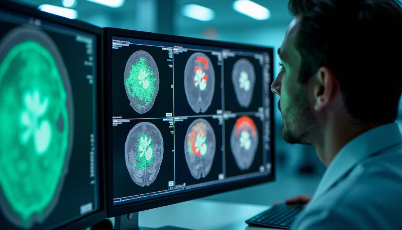 Physicien médical analysant des images de scanner CBCT pour le recalage en radiothérapie guidée par l'image sur écrans de contrôle