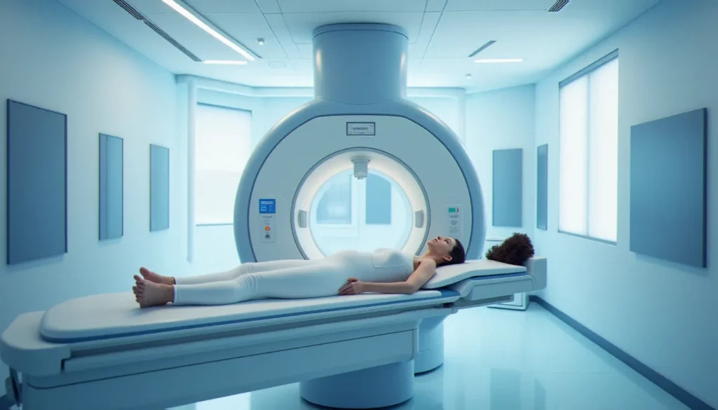 Salle de radiothérapie moderne avec accélérateur linéaire pratiquant l'image guided radiation therapy, patient allongé sur la table de traitement