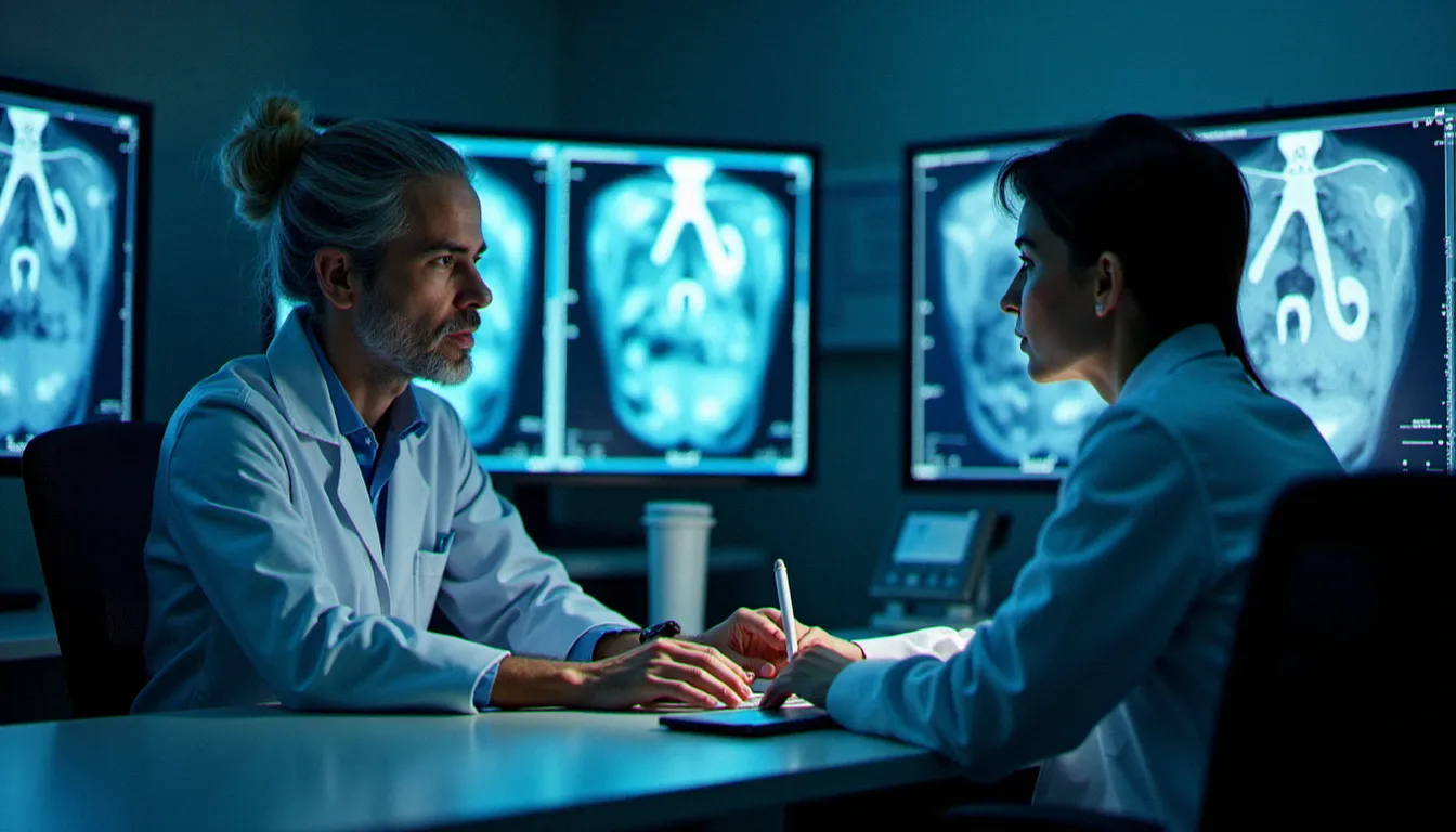 Physicien médical et manipulateur analysant les images de recalage sur écran dans la salle de contrôle d'un service de radiothérapie guidée par l'image