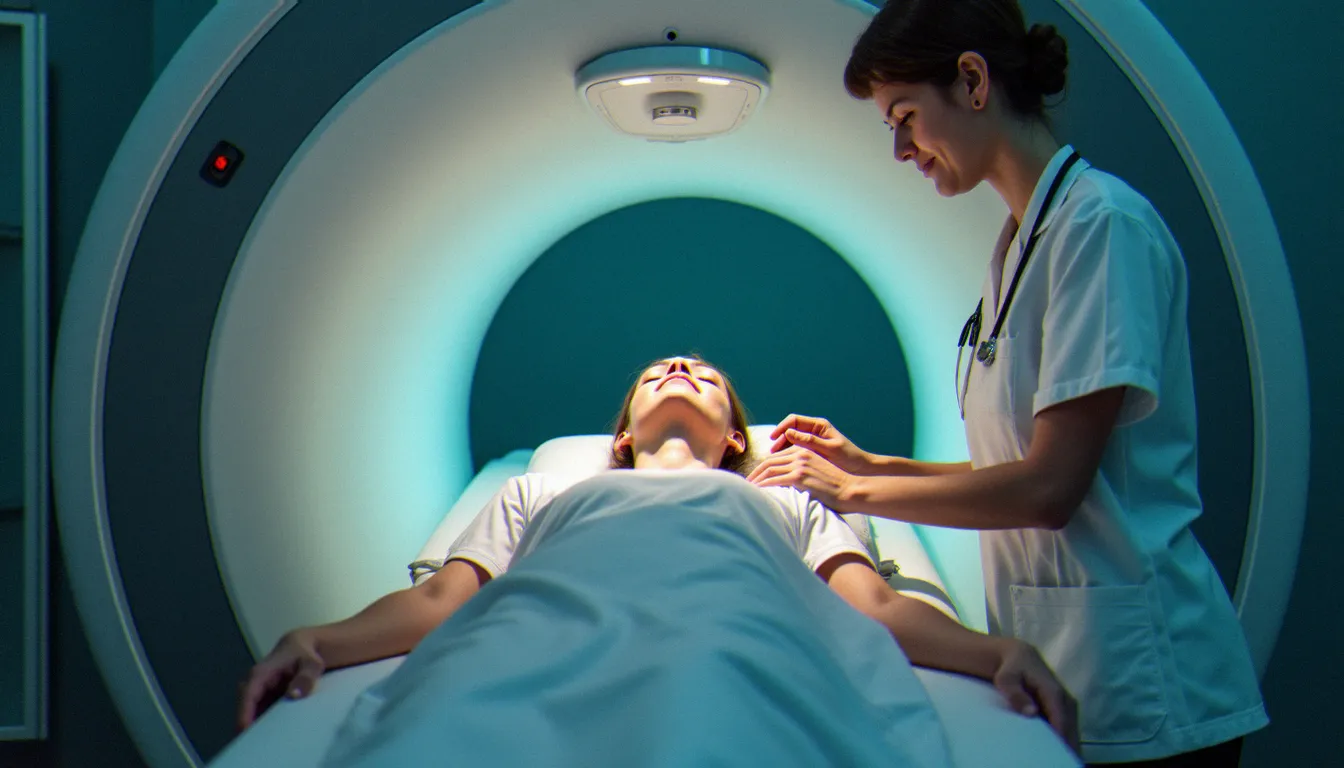 Patient allongé sur une table de traitement en radiothérapie stéréotaxique, manipulateur ajustant le système de contention personnalisé avant une séance d'image guided SRT