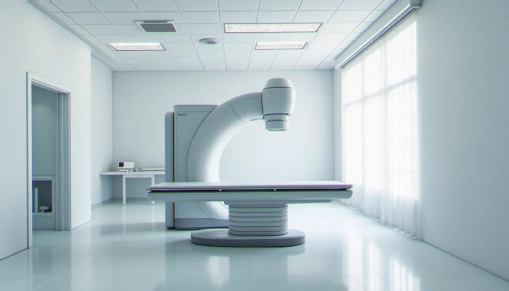 Salle de radiothérapie moderne équipée d'un accélérateur linéaire avec système d'image guided SRT, table de traitement vide au centre