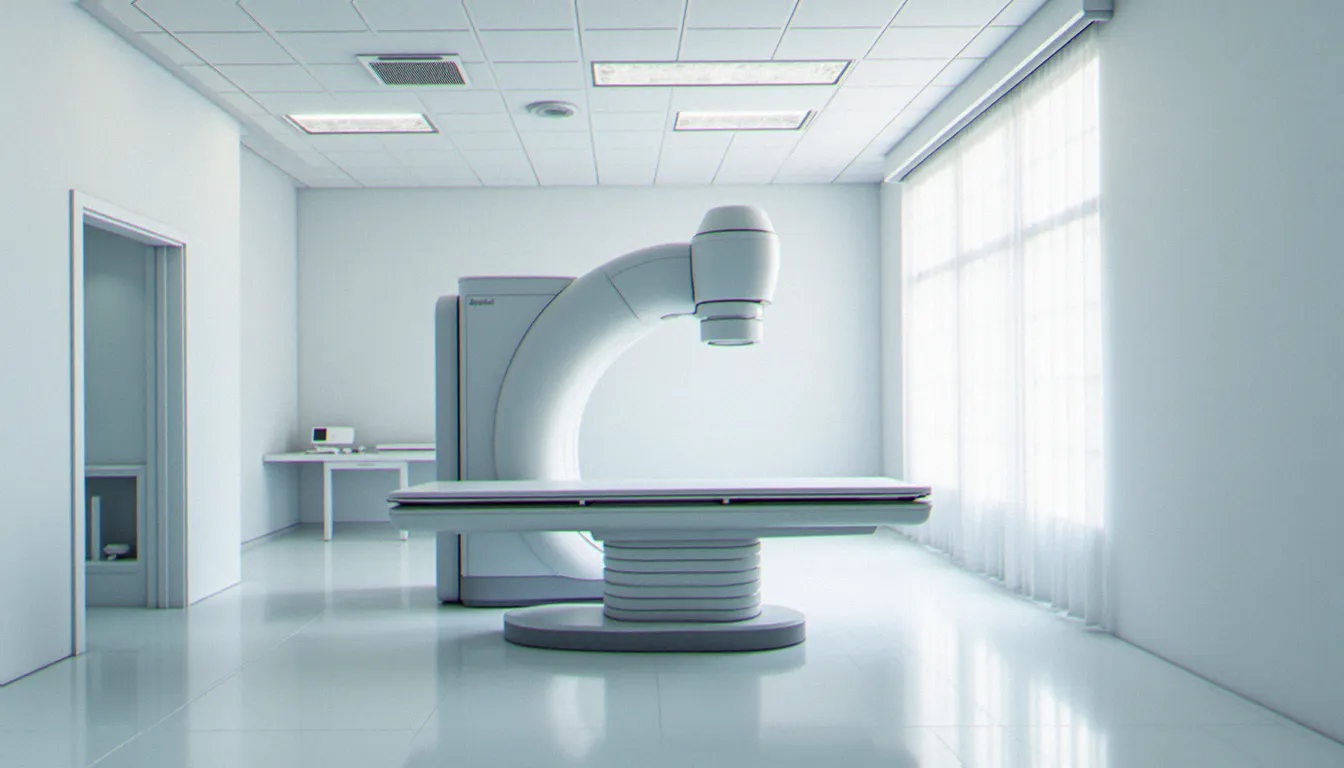 Salle de radiothérapie moderne équipée d'un accélérateur linéaire avec système d'image guided SRT, table de traitement vide au centre