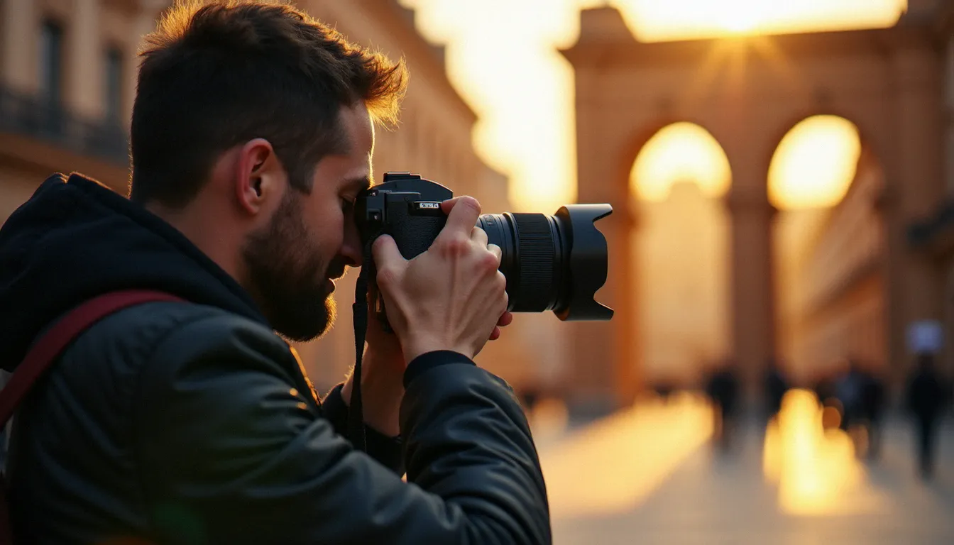Photographe cadrant un portrait de rue à Toulouse en lumière dorée, illustrant l'importance de l'optique et de l'exposition pour obtenir une image de meilleure qualité